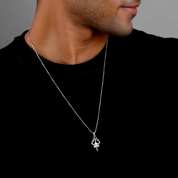 Silver Trishul Pendant with Box Chain For Him Giva