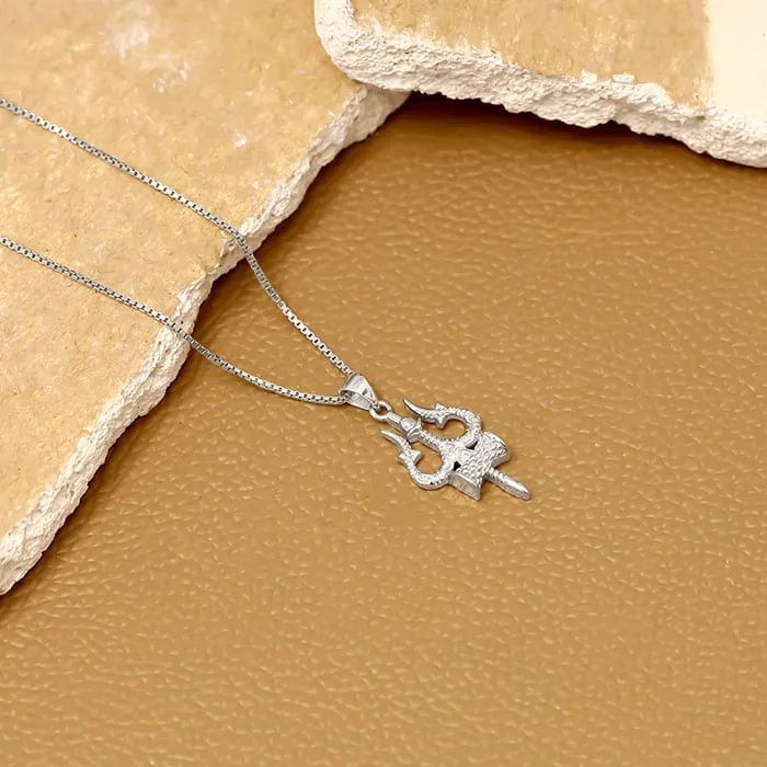 Silver Trishul Pendant with Box Chain For Him Giva
