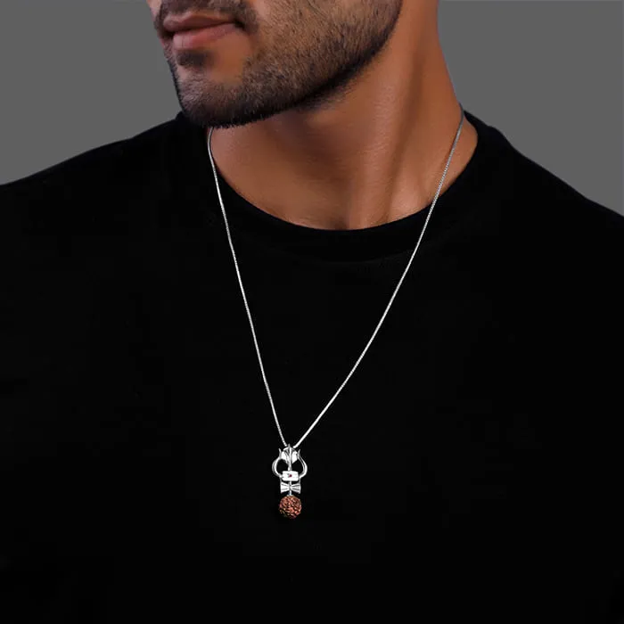 Silver Trishul Rudraksha Pendant With Box Chain For Him Giva