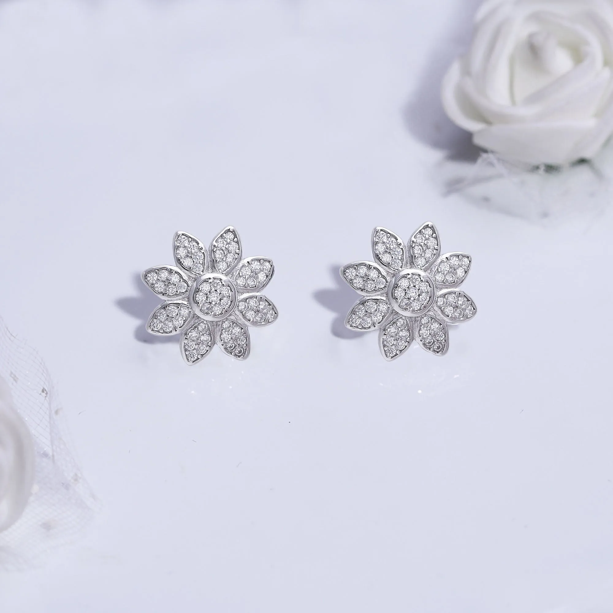 Silver Zircon Blooming Flower Earrings Giva