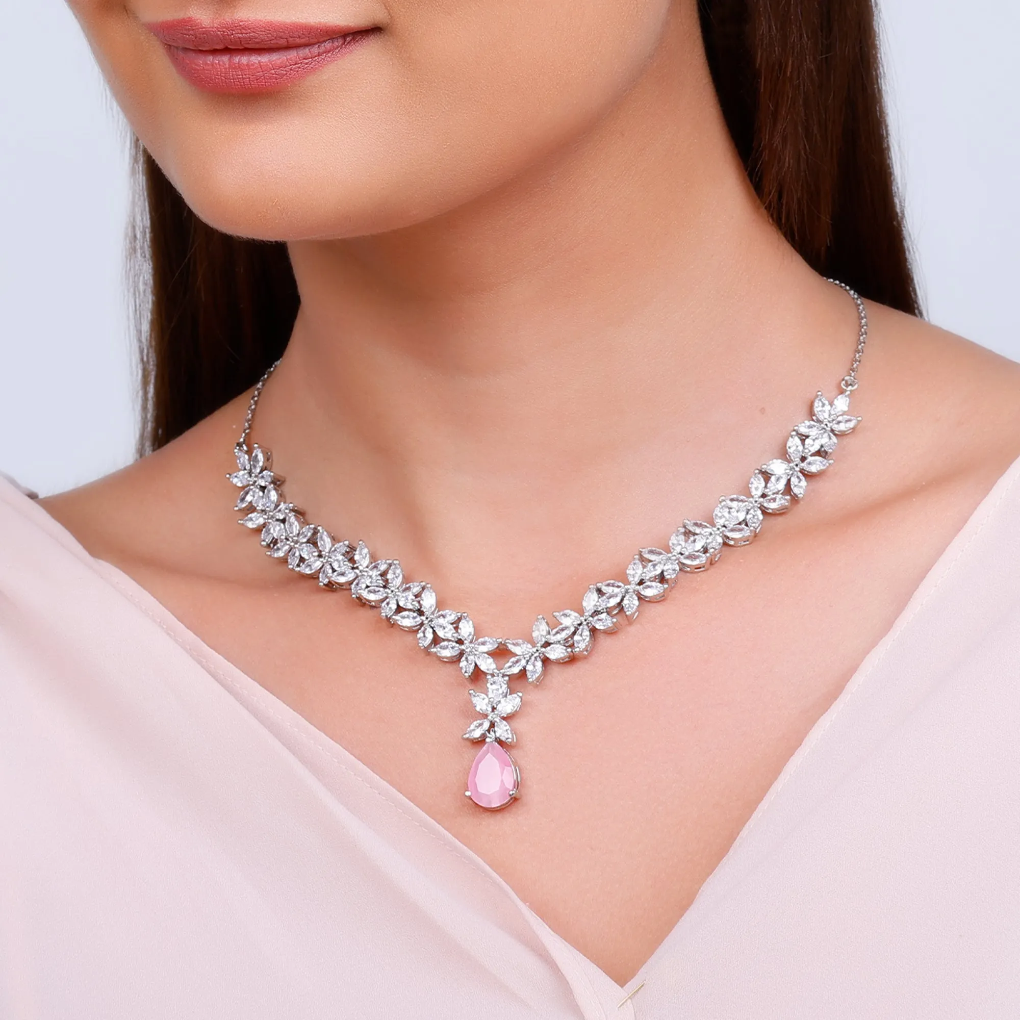 Silver Zircon Studded Magical Drop Necklace Giva