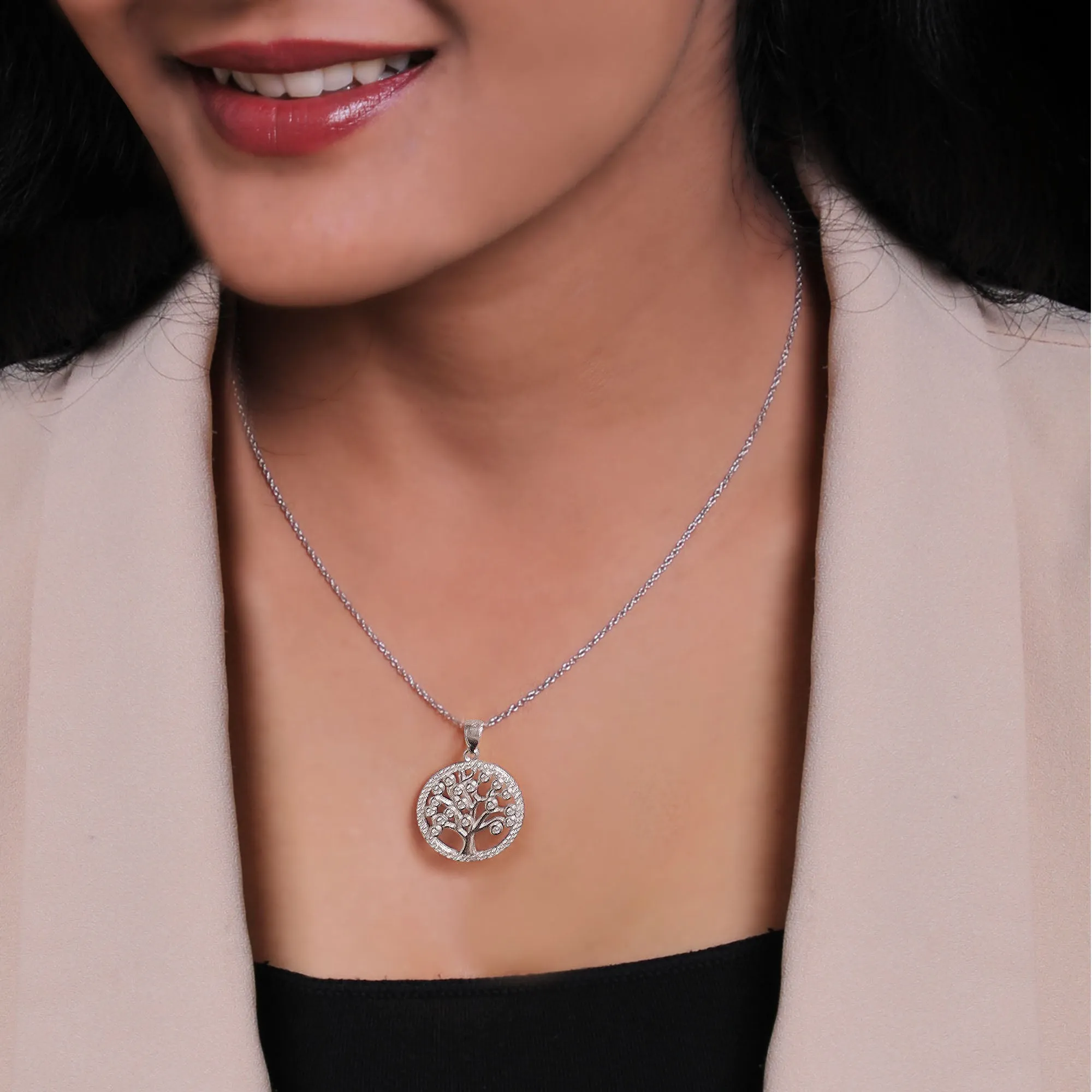 Silver Zircon Tree of Life Pendant with Link Chain Giva