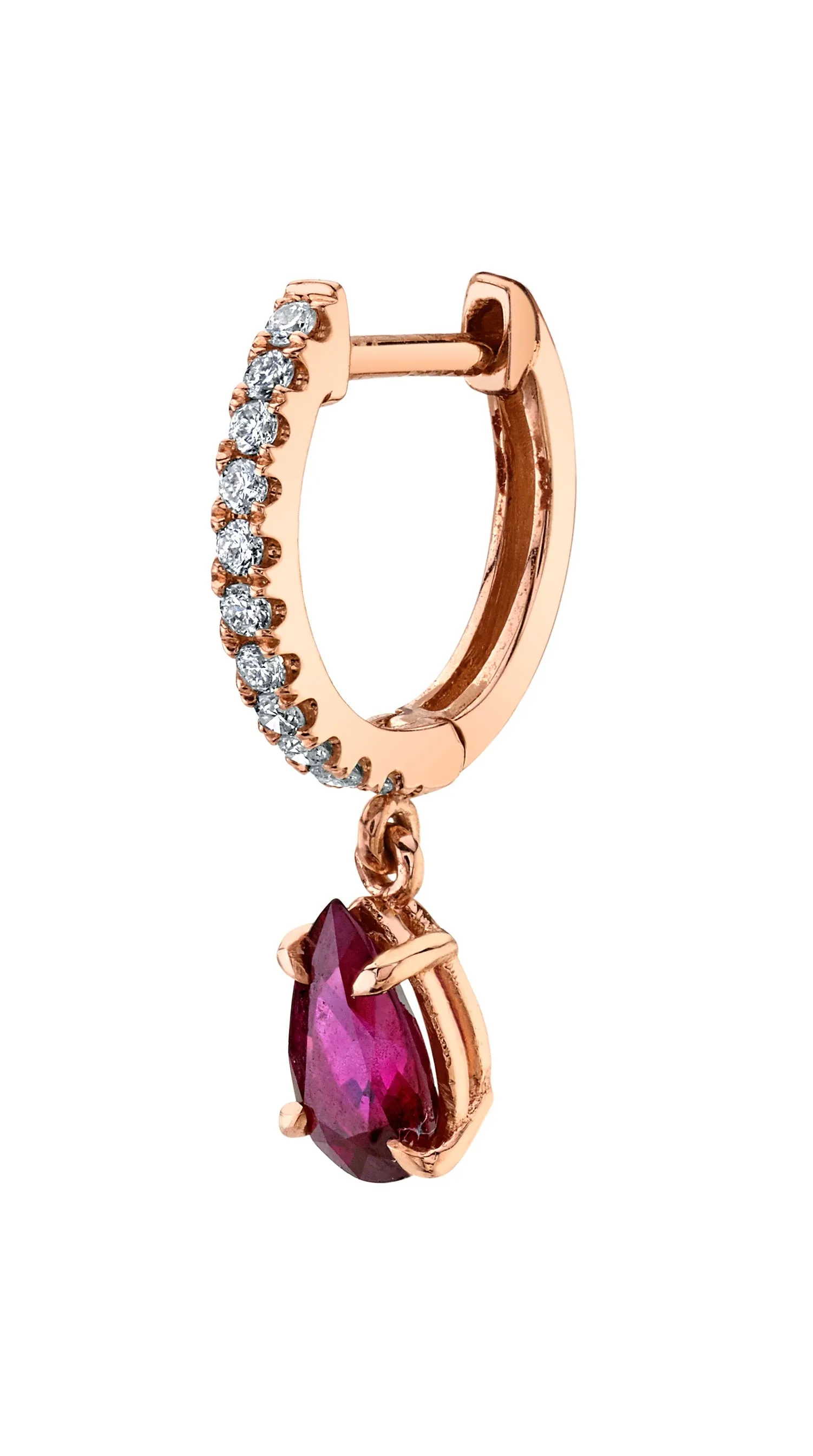 SINGLE DIAMOND HUGGIE WITH PEAR-SHAPED RUBY DROP Anita Ko