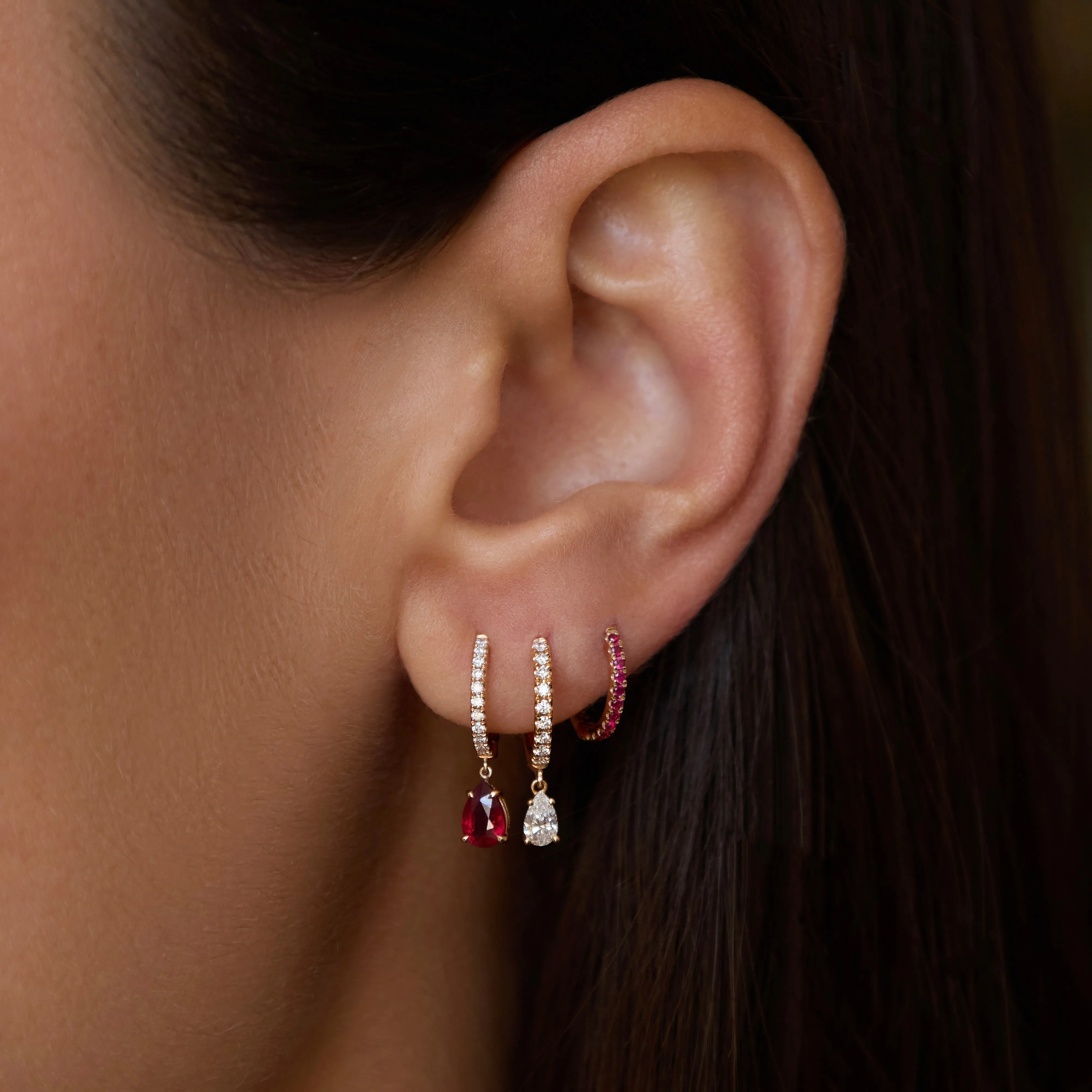 SINGLE DIAMOND HUGGIE WITH PEAR-SHAPED RUBY DROP Anita Ko