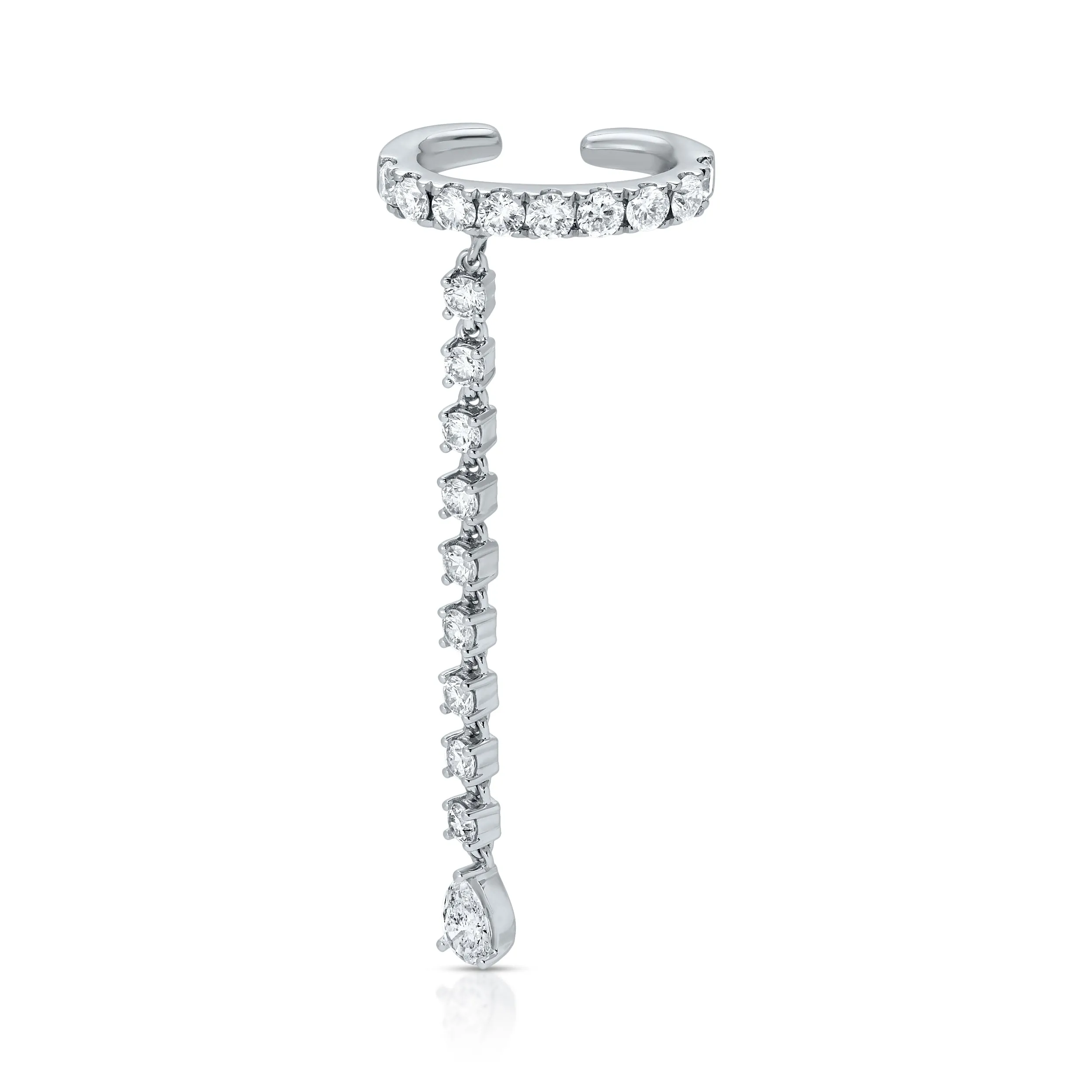 SINGLE ROW DIAMOND EAR CUFF WITH ROUND AND PEAR DIAMOND DROPS Anita Ko