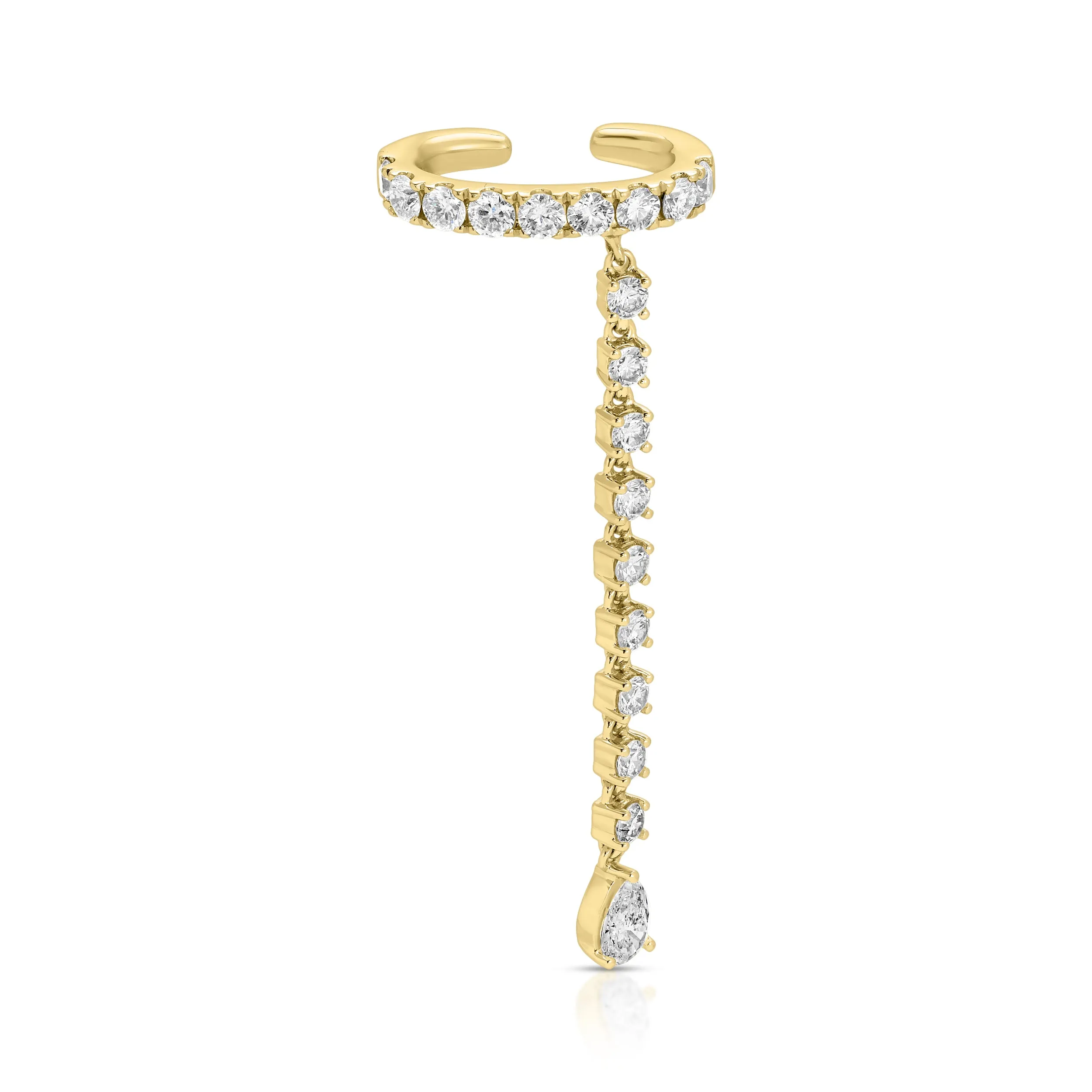 SINGLE ROW DIAMOND EAR CUFF WITH ROUND AND PEAR DIAMOND DROPS Anita Ko