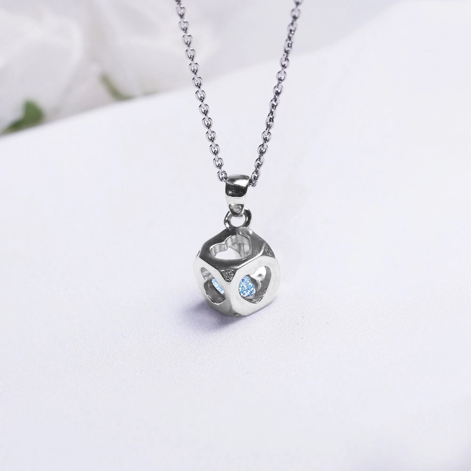 Sky Blue Heart Cube Pendant with Link Chain Giva
