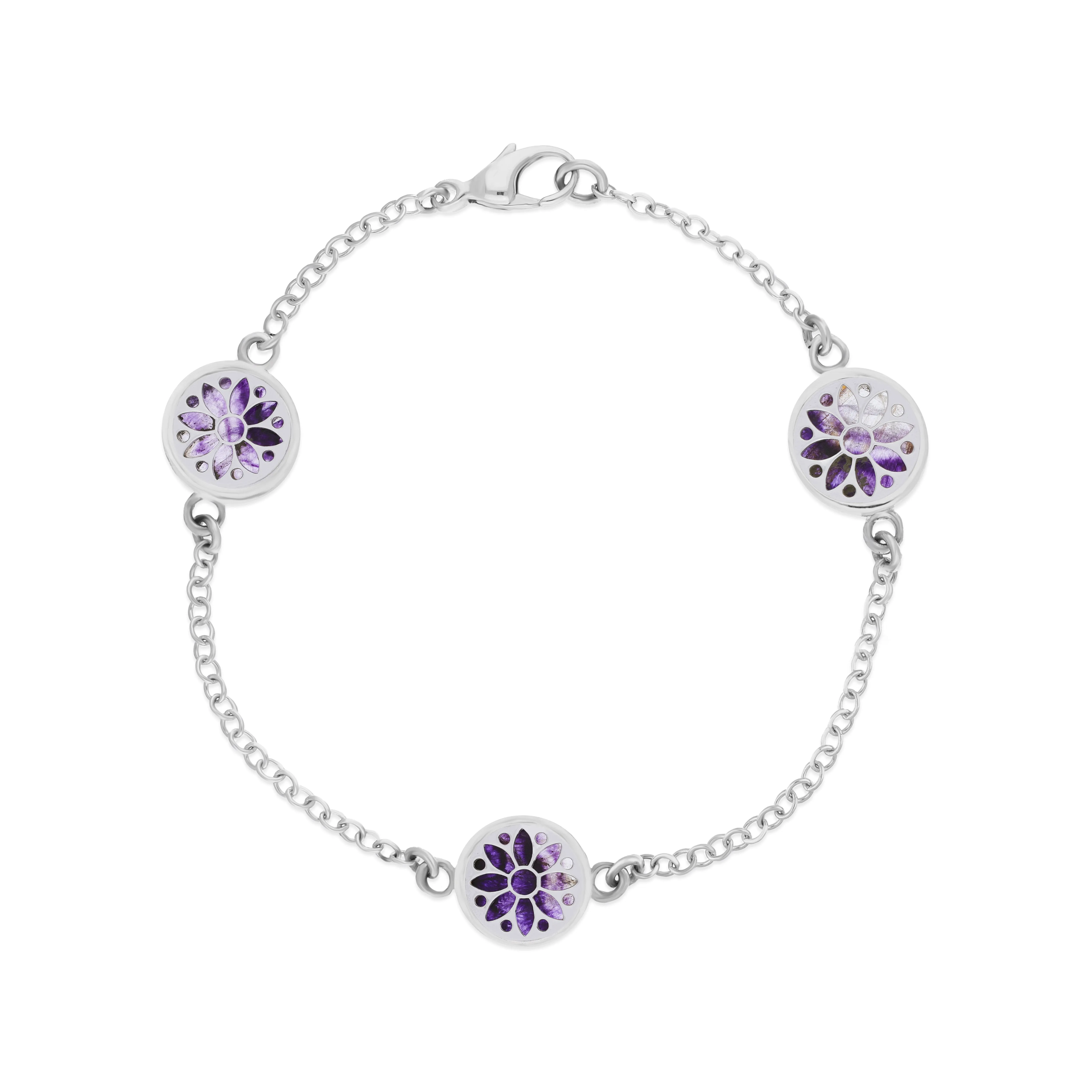 Sterling Silver 10mm Blue John Three Flower Burst Chatsworth Décor Bracelet