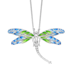 Sterling Silver Blue and Green Enamel Dragonfly Pendant