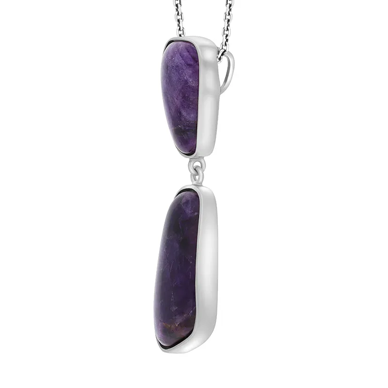 Sterling Silver Blue John Abstract Oblong Two Stone Drop Necklace D
