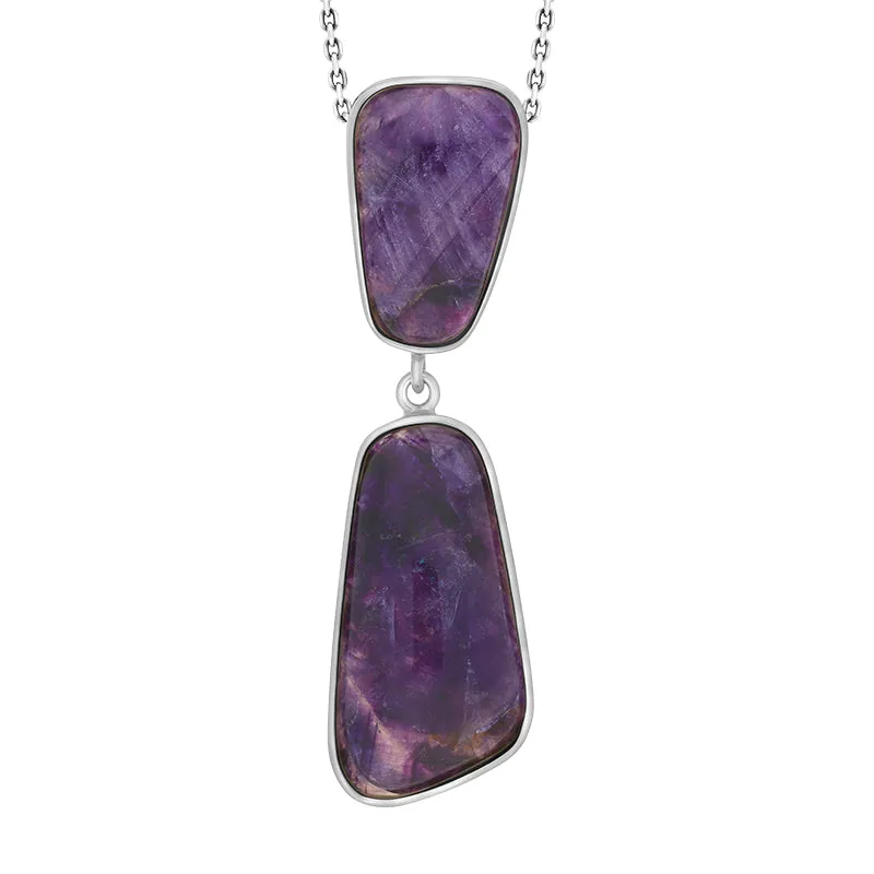 Sterling Silver Blue John Abstract Oblong Two Stone Drop Necklace D