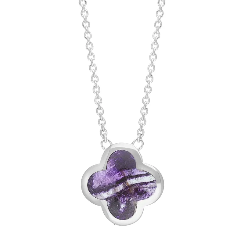 Sterling Silver  Blue John Bloom Large Four Leaf Clover Polished Edge Necklace