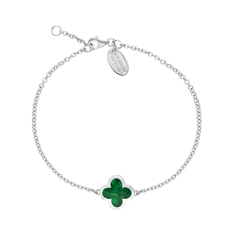 Sterling Silver Malachite Bloom Four Leaf Clover Polished Edge Bracelet