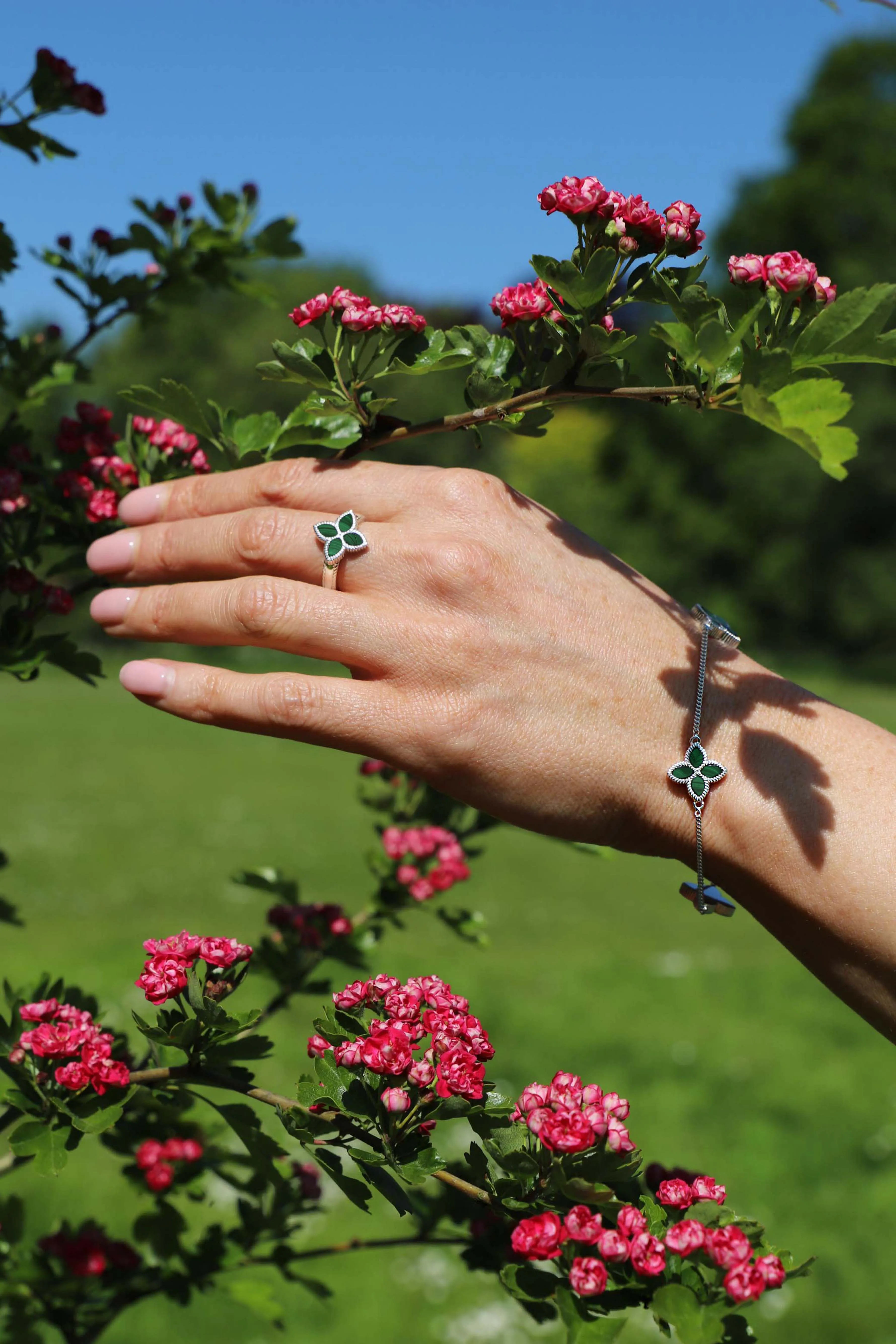 Sterling Silver Malachite Eden Marquise Flower Bracelet
