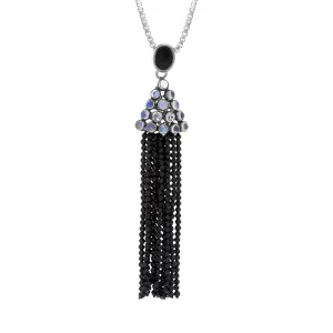 Sterling Silver Rhodium Onyx Moonstone Cascade Large Tassel Necklace D