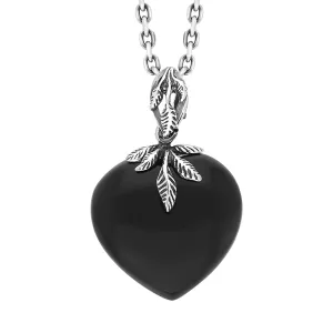 Sterling Silver Whitby Jet Carved Heart Leaf Necklace