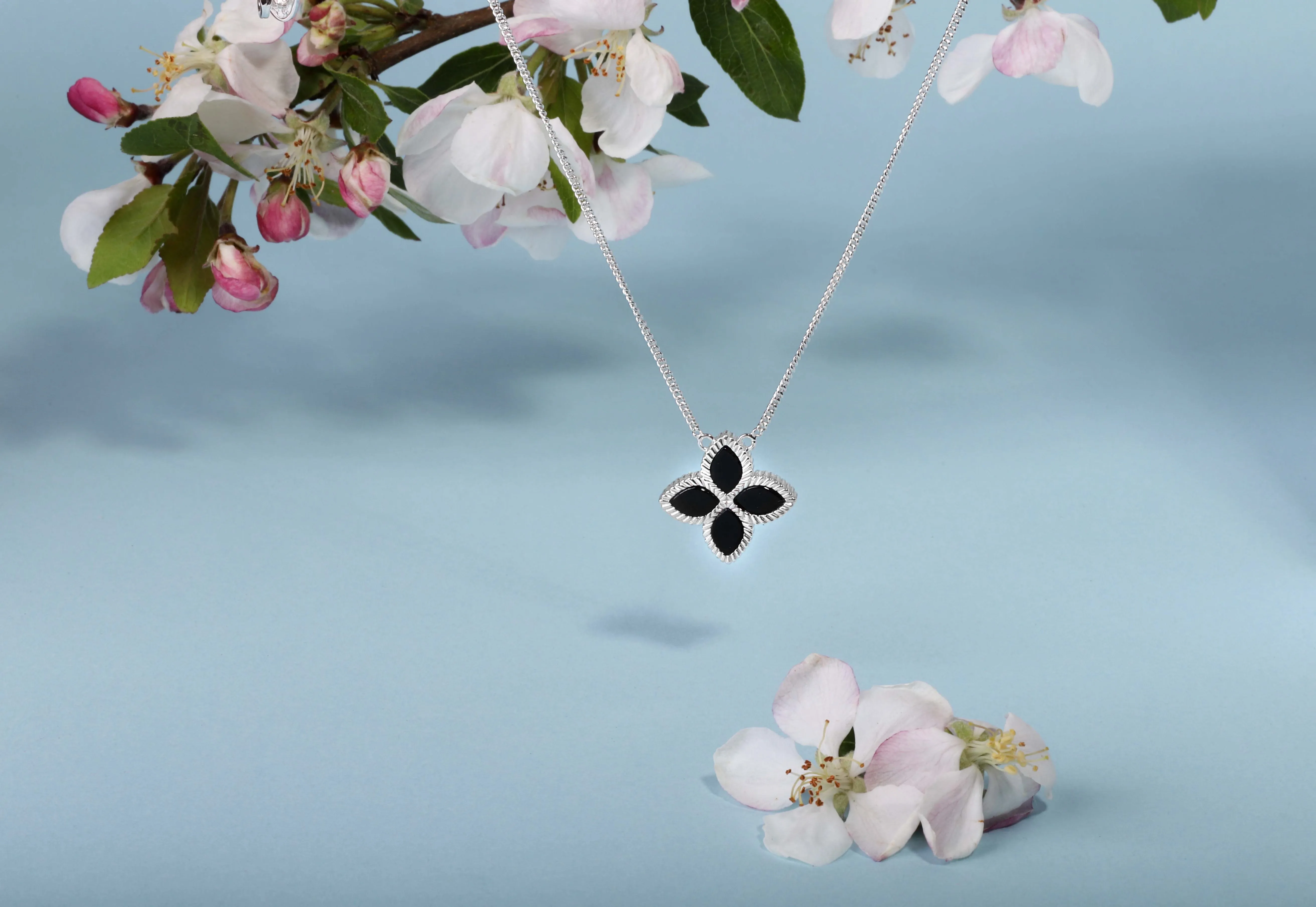 Sterling Silver Whitby Jet Eden Large Marquise Flower Necklace