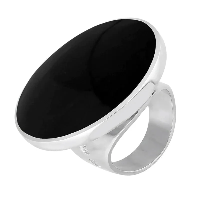 Sterling Silver Whitby Jet King's Coronation Hallmark Large Round Ring D