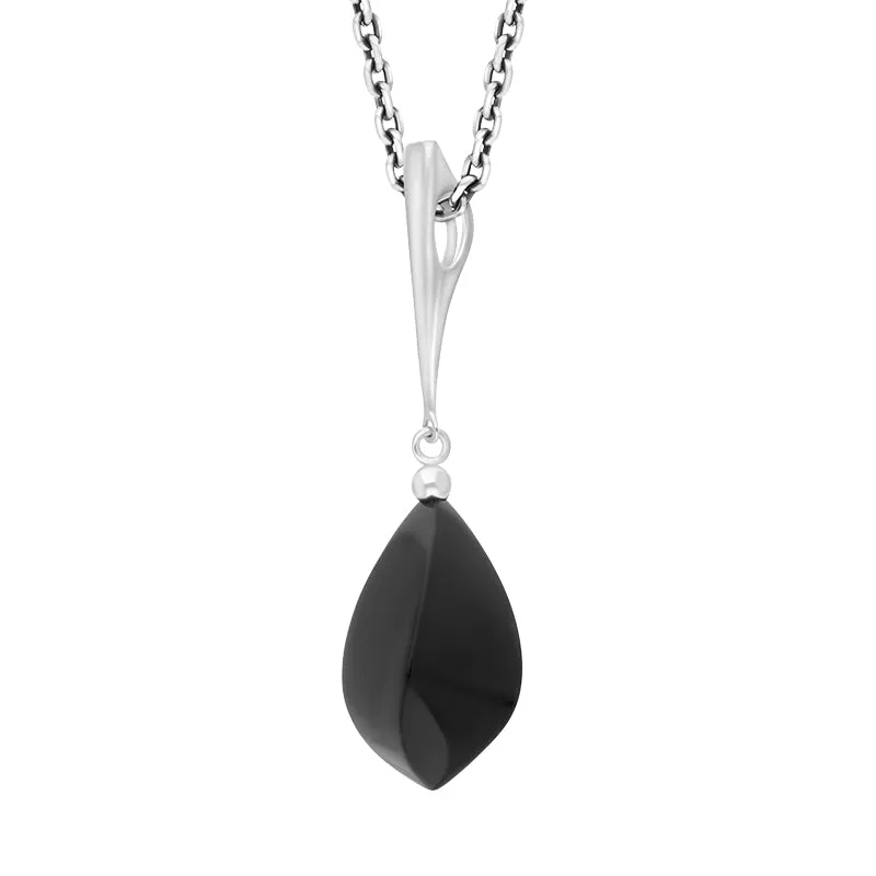 Sterling Silver Whitby Jet Long Drop Faceted Pear Stone Necklace