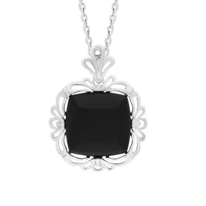 Sterling Silver Whitby Jet Ornate Edged Necklace