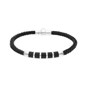 Sterling Silver Whitby Jet Plaited Leather Bar Bracelet