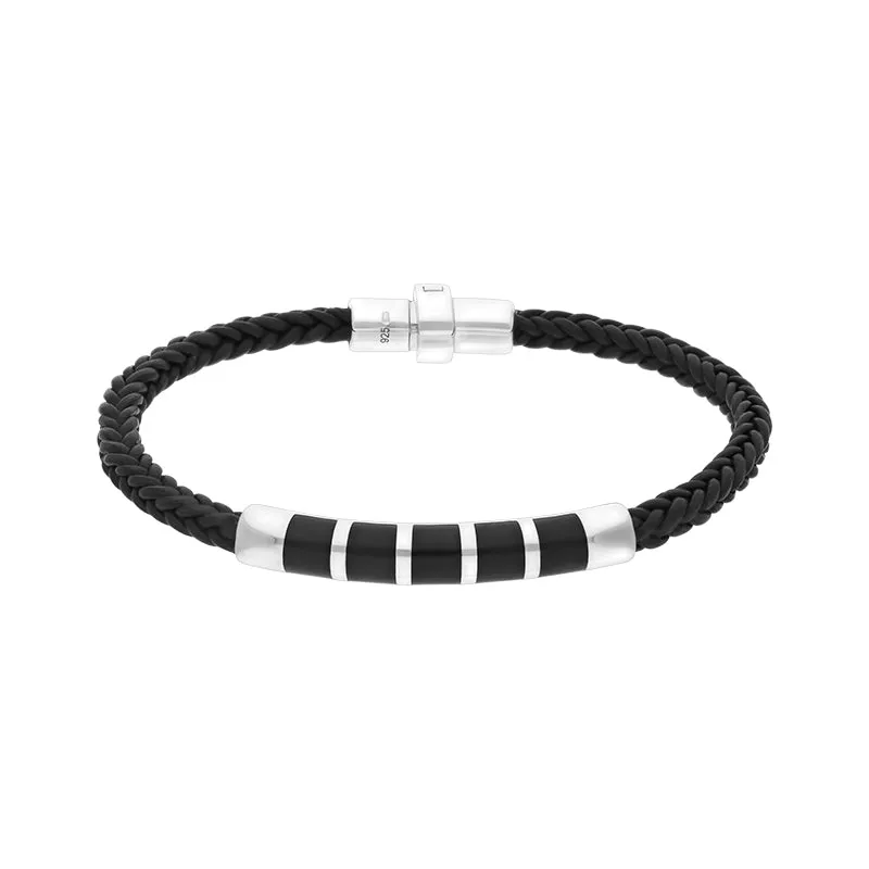 Sterling Silver Whitby Jet Plaited Leather Bar Bracelet