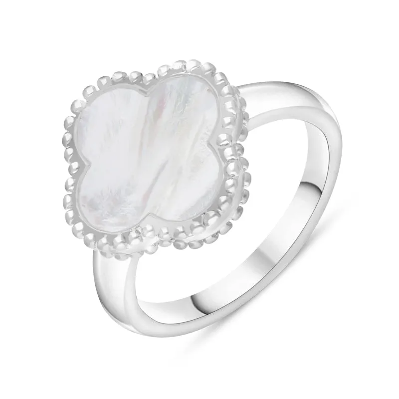 Sterling Silver White Mother of Pearl Bloom Four Leaf Clover Ball Edge Ring