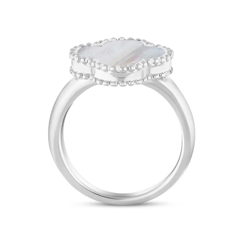 Sterling Silver White Mother of Pearl Bloom Four Leaf Clover Ball Edge Ring