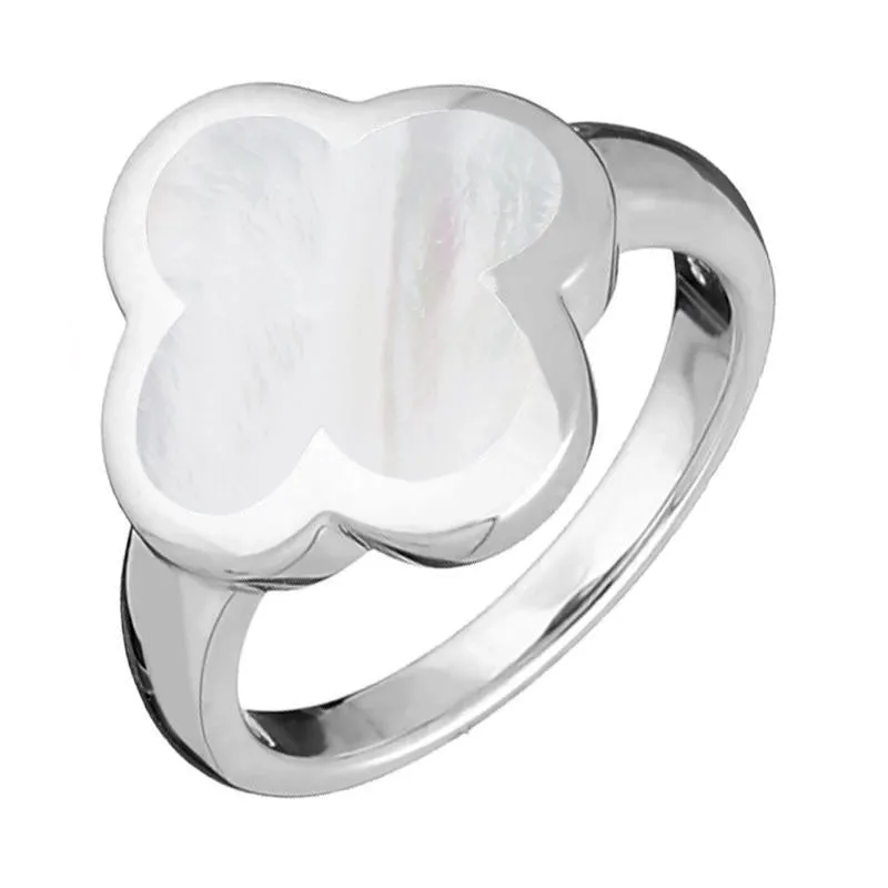 Sterling Silver White Mother of Pearl Bloom Four Leaf Clover Ring