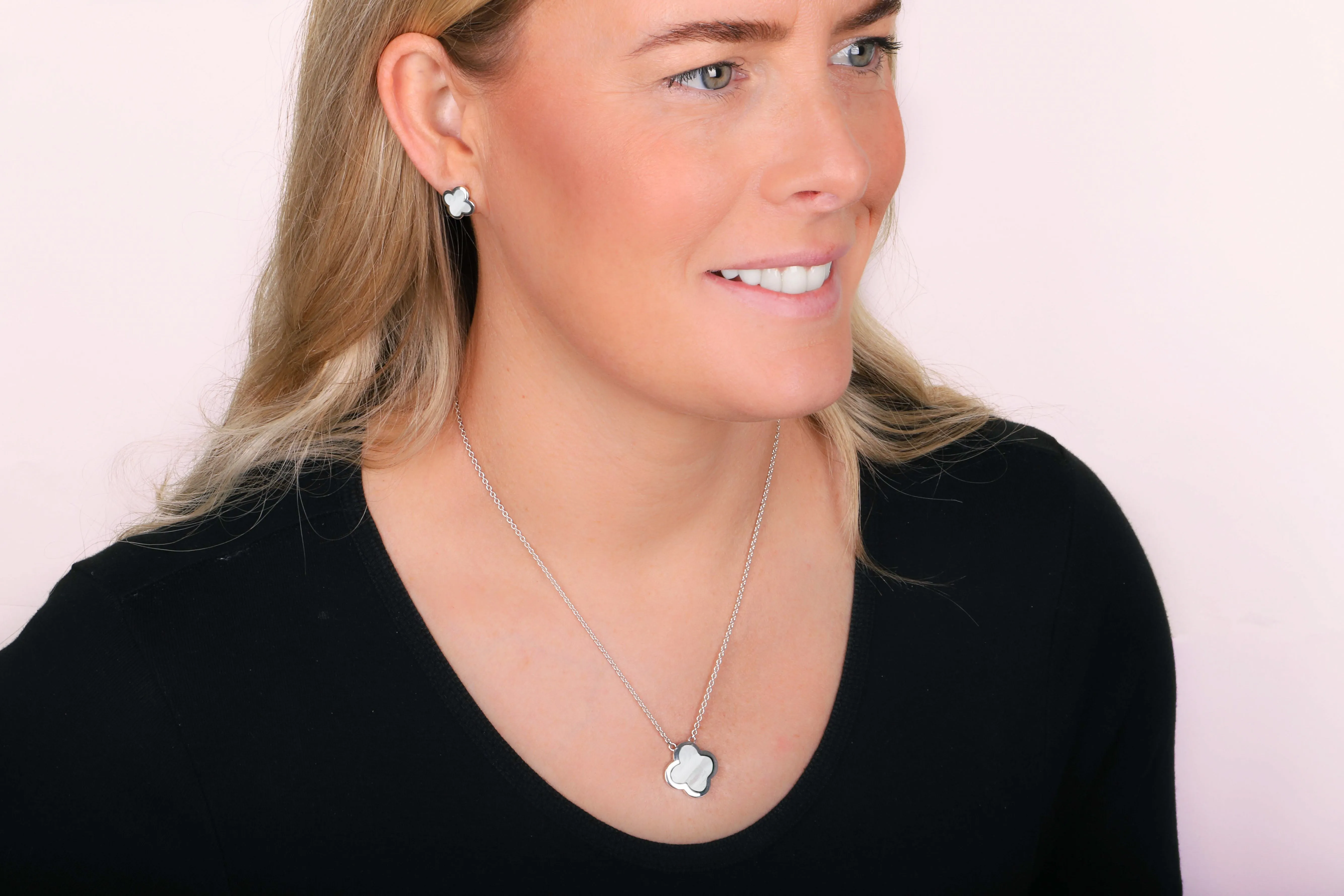 Sterling Silver White Mother of Pearl Bloom Large Four Leaf Clover Polished Edge Pendant