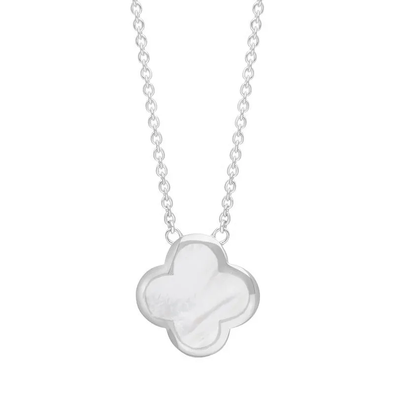 Sterling Silver White Mother of Pearl Bloom Large Four Leaf Clover Polished Edge Pendant