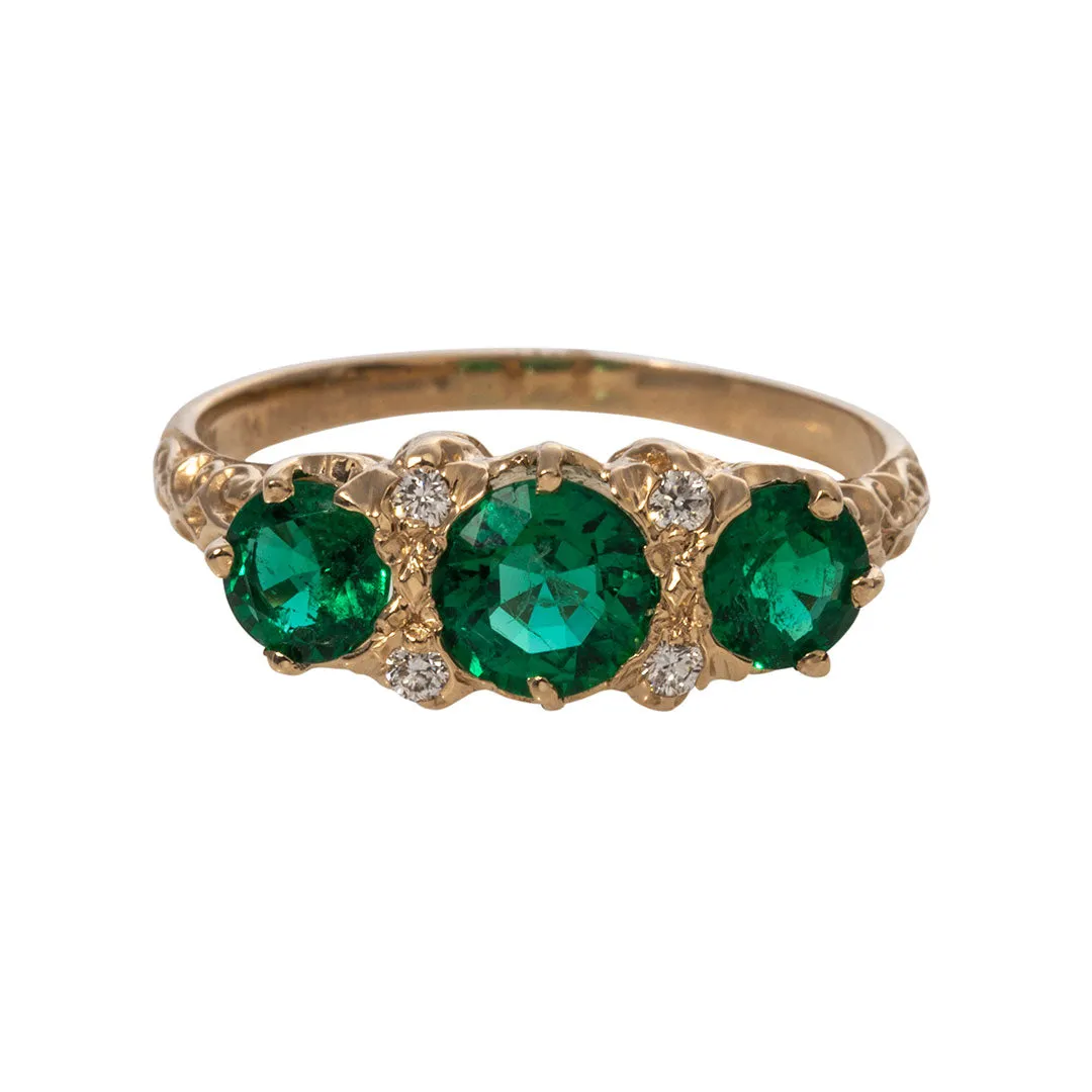 Three-Stone Round Emerald & Diamond 14K Yellow Gold Ring Croghans
