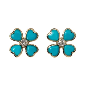 Turquoise & Diamond 14K Gold Clover Stud Earrings Croghans