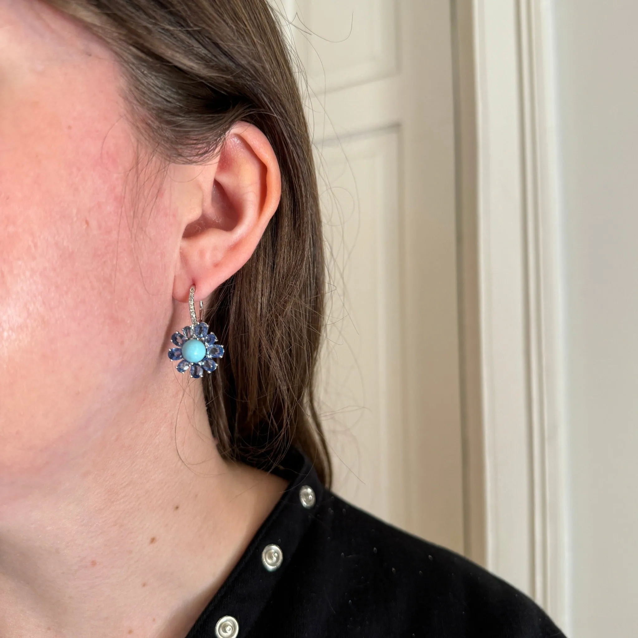 Turquoise, Sapphire & Diamond 18K Gold Leverback Earrings Croghans